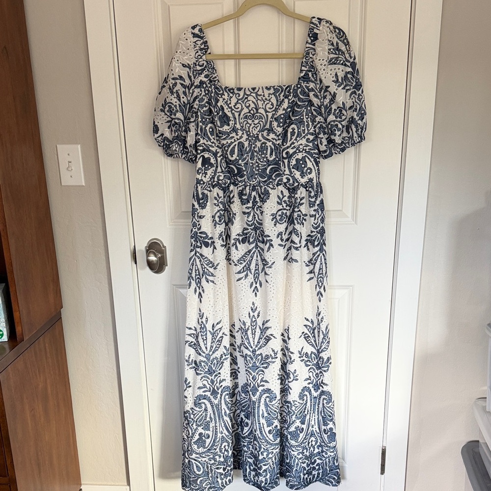 Ted Baker Blue and White Eyelet Floral Damask Dress